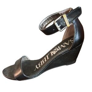 Sam & Libby Black Women's Wedge Sandals ankle strap silver buckle sz 9